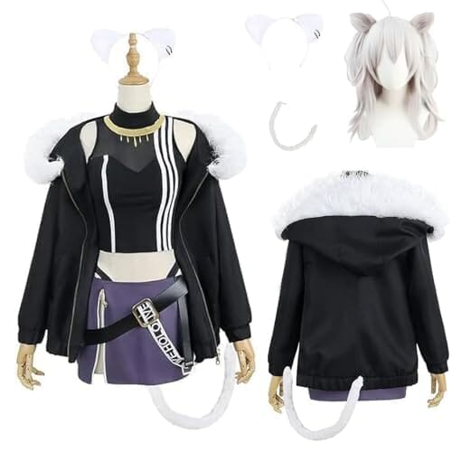LUCKYCOS 獅白ぼたん コスプレ衣装 VTuber ししろ ぼたん コスプレ ウィッグ追加可能 ネックレス 飾り付き イベント ハロウィン 仮装 パーティー 学園祭 文化祭 舞台服 (S, ウィッグ付き)