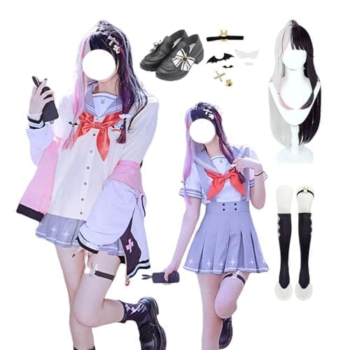 [HAOJEE]夜見れなコスプレ衣装 JK制服 常服 制服 Vtuberコスプレ ハロウィンコスプレ 同人服 『髪飾り、靴下、靴、ウイッグ付き』cosplay コスチューム 日常 文化祭 学園祭 変装 仮装 クリスマス パーティ ハローウィン (夜見れなセット『ウイッグと靴付き』,S)