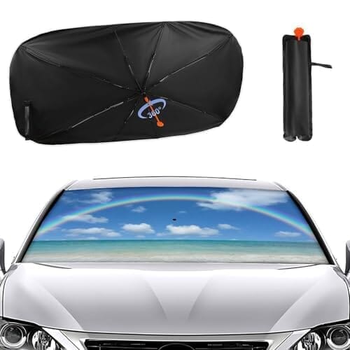 青い海辺 虹 車用サンシェード 傘型 フロントガラス用 車用パラソル UVカット 折りたたみ 遮熱 車内温度対策 133×73cm [並行輸入品]