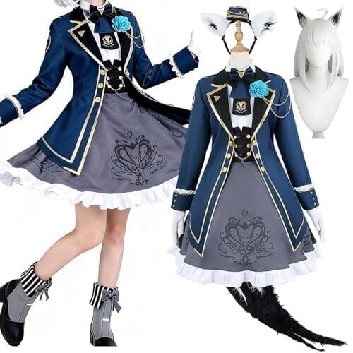 [青空COS]カチューシャ＋手袋＋尻尾付き 白上フブキ コスプレ 衣装 ウィッグ 靴 追加可 しらかみ ふぶき 服 文学際 学園祭 ハロウィン イベント コスチューム 撮影 大人 仮装 (S, 衣装＋ウィッグ)